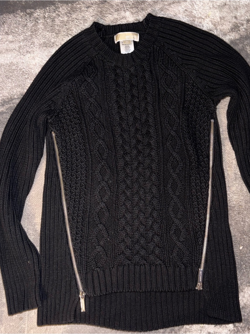 MICHAEL Michael Kors Black Cable-Knit Crewneck Sweater with Side Zippers